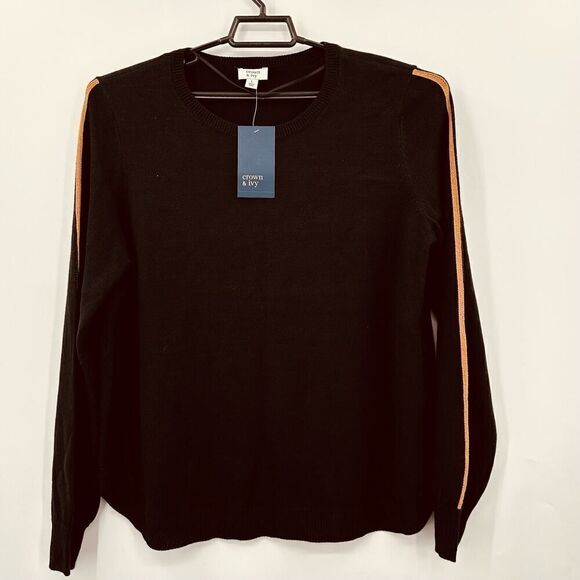 Crown & Ivy True Black Lounge Sweater Womens Large NWT Brown Stripe Sleeve - Picture 1 of 8
